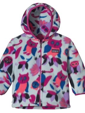 Patagonia Baby Synchilla® Cardigan Girls Owl Print Fleece Hoodie - Pink & Blue